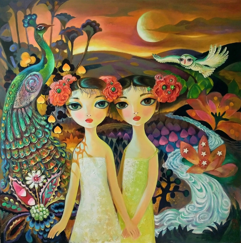 Girls, Peacock and Owl by artist Ping Irvin
